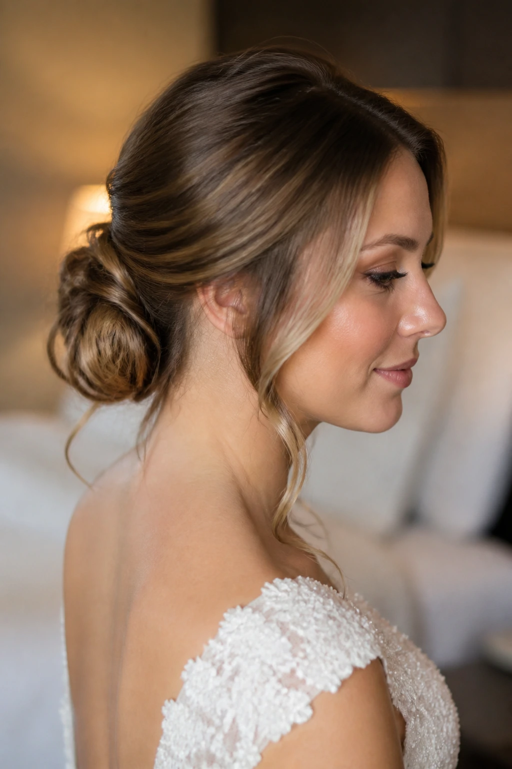 Bride with relaxed knot and face-framing pieces in a warm room
