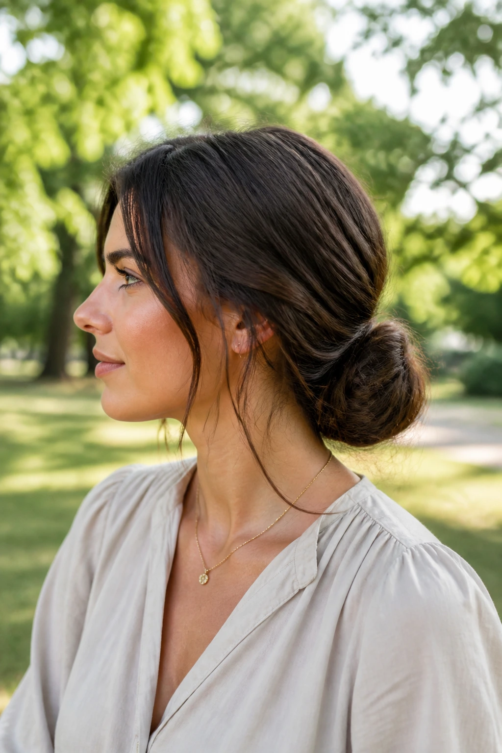 Side-profile of real woman with a relaxed low knot at the nape