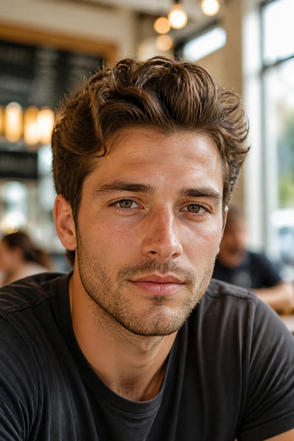 Close-up of a real man with a relaxed pompadour in a cafe setting