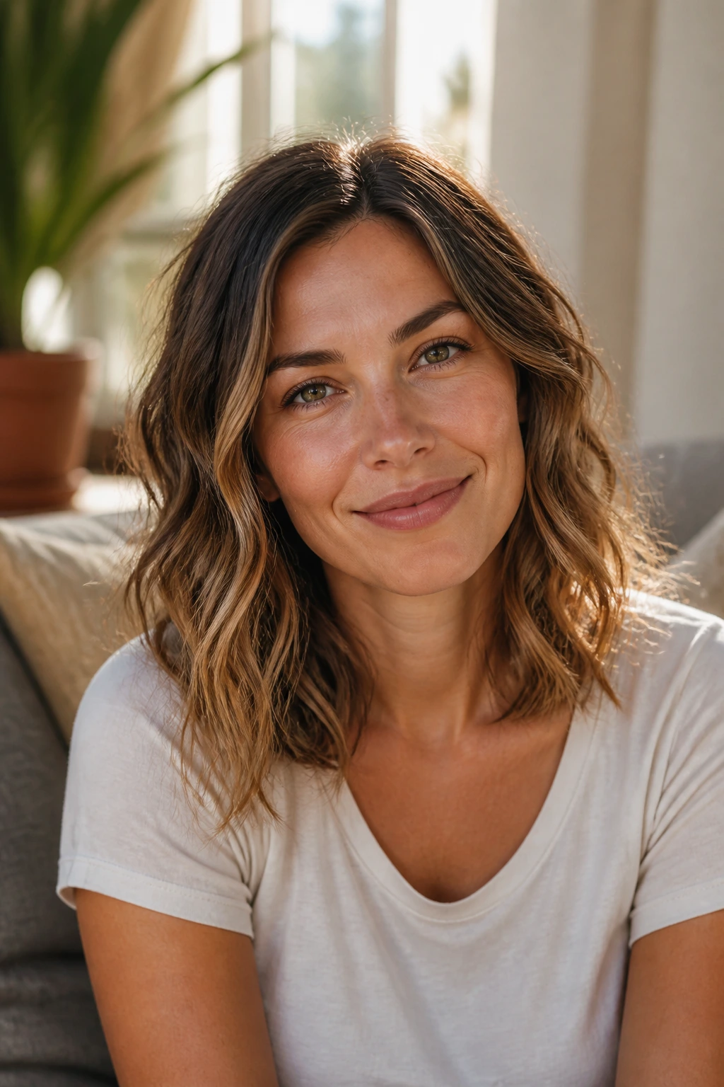 Portrait of a real woman with relaxed wavy shoulder-length hair in a cozy living room