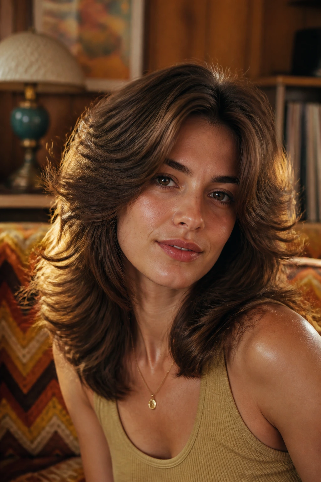 Real person with retro 70s flick shag hairstyle in warm ambient light