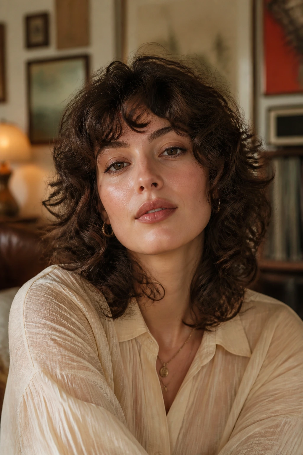 Portrait of a real woman with retro 70s-inspired curly shag and soft bangs
