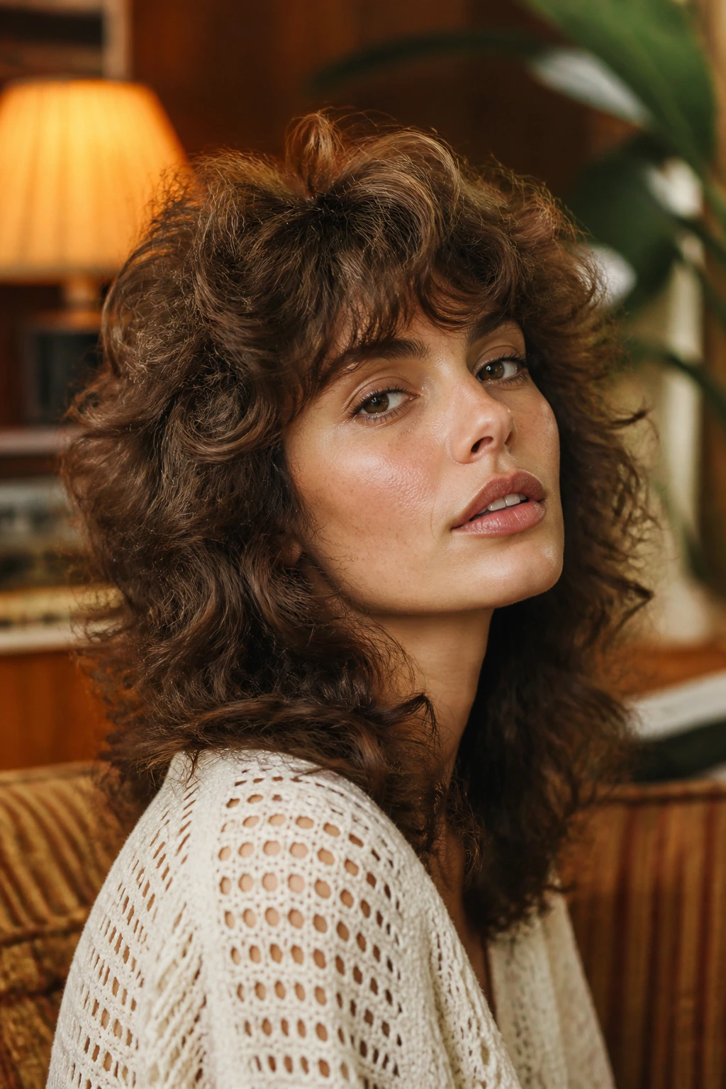Portrait of real person with retro 70s curly shag showing crown volume and feathered ends