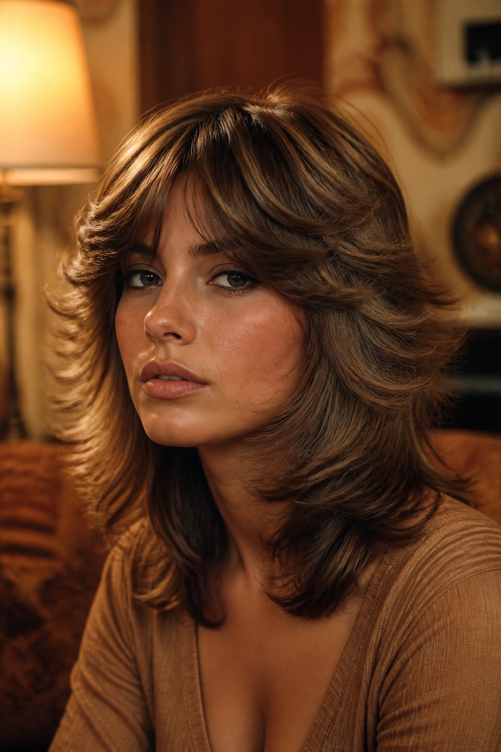 Close-up of a real person with retro 70s wolf cut feathered layers