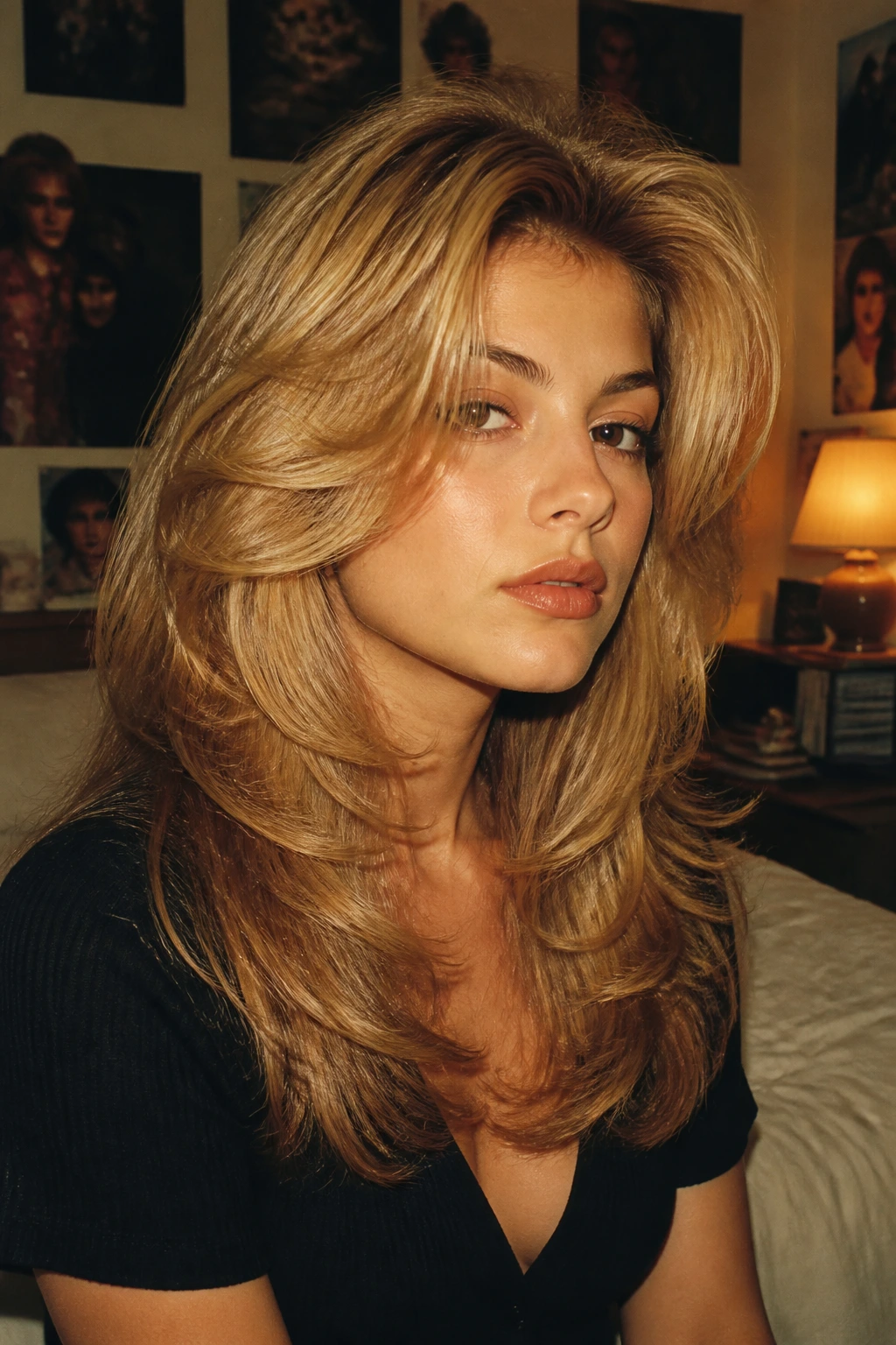 Close-up of a real woman with a dramatic retro 90s butterfly blowout