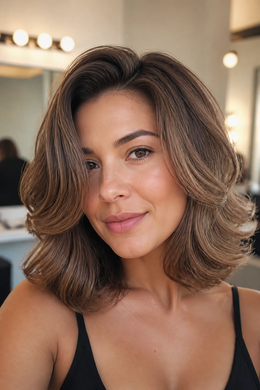 Close-up of a real woman with a retro blowout lob and buoyant ends