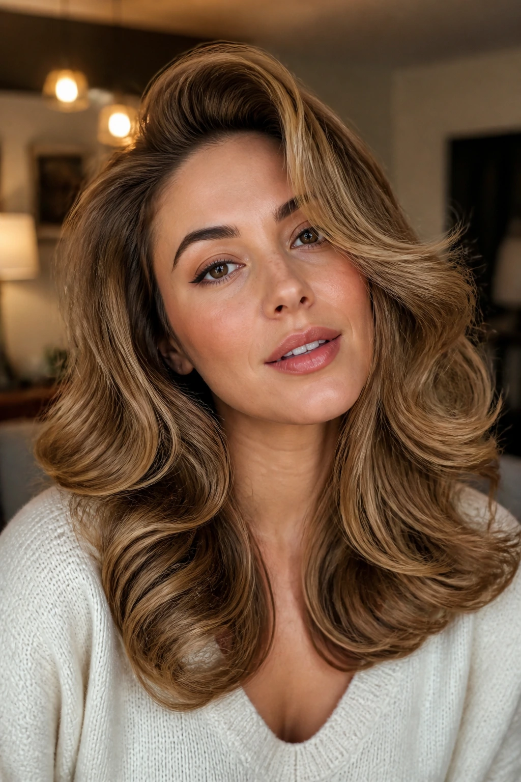 Close-up of a real woman with a retro blowout, warm interior light.