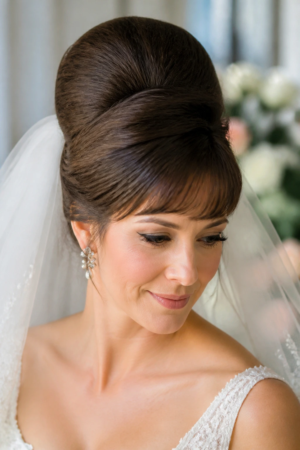 Real bride wearing retro beehive with veil in a soft wedding venue