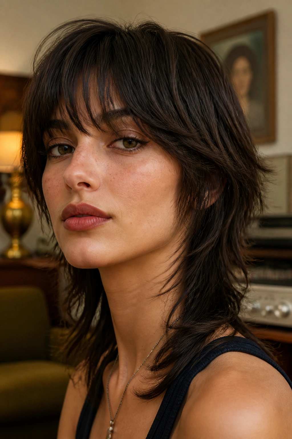 Close-up of a real person with retro brows-skimming wolf cut