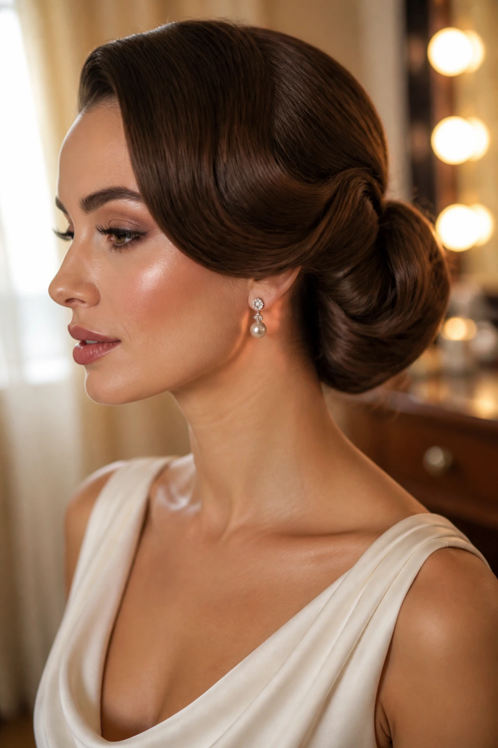 Bride wearing retro rolled chignon with defined curve against warm vintage backdrop