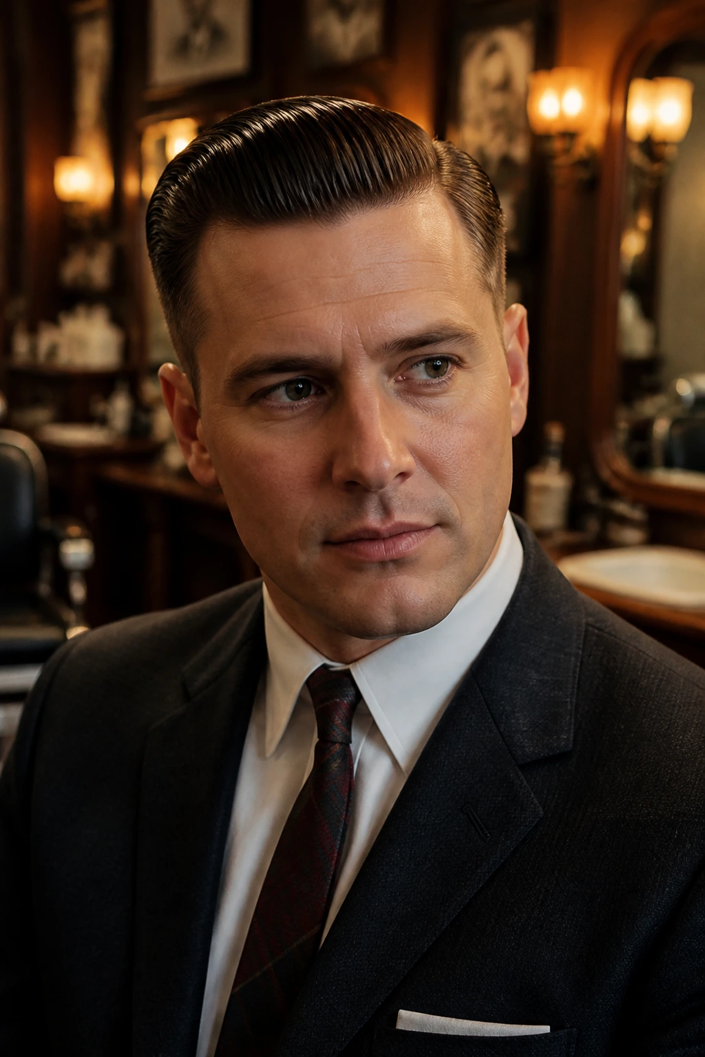 Portrait of a man with a retro Mad Men comb over, defined part and high shine.