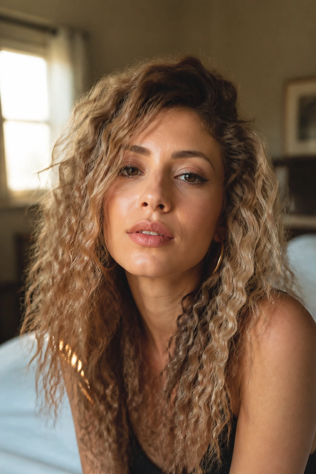 Close-up portrait of a real woman with retro crimped hair framed by soft window light