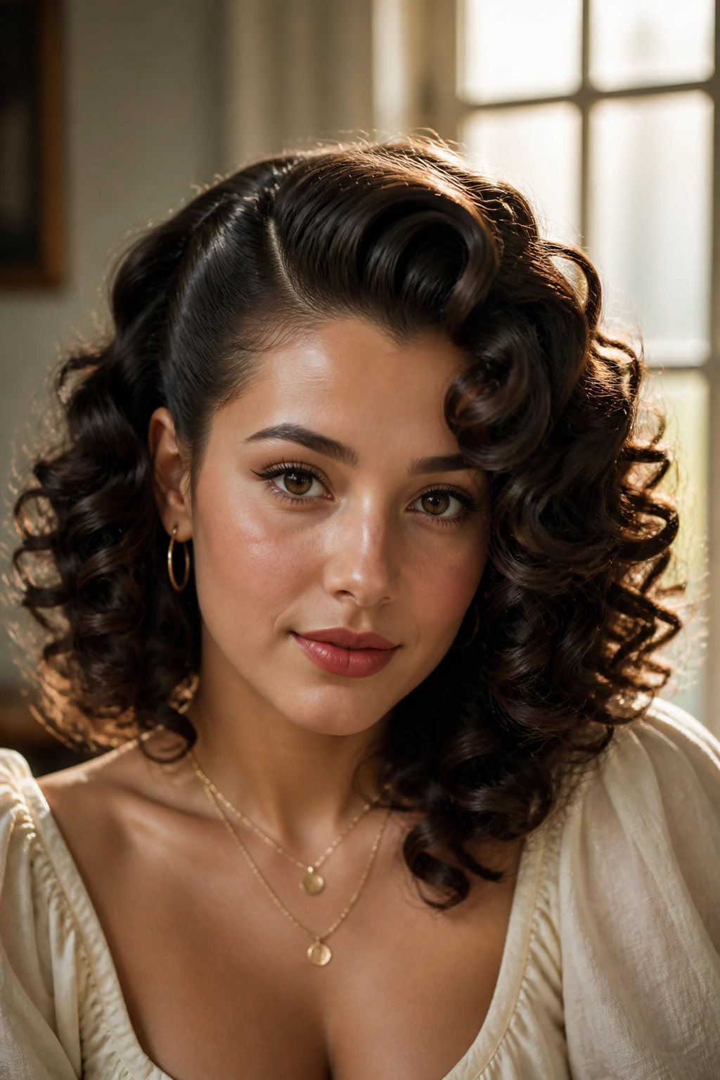 Close-up of a real person with retro-curled hairstyle and side part in soft window light