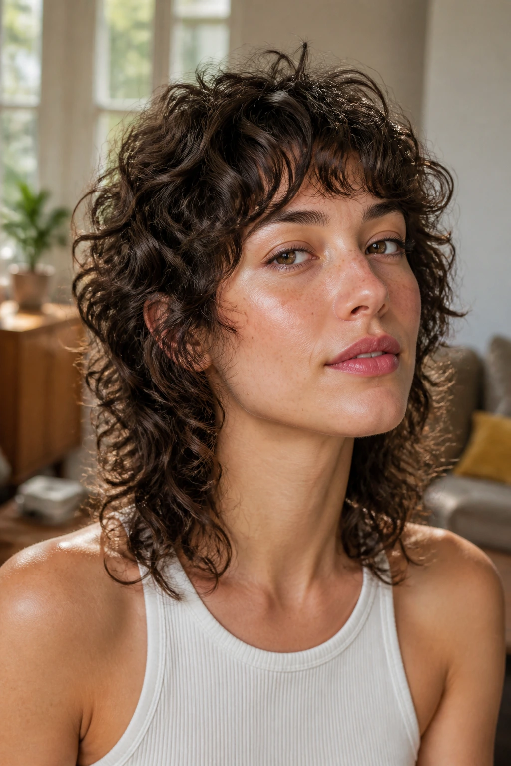 Real person with retro curly shag featuring short crown layers under bright diffuse light