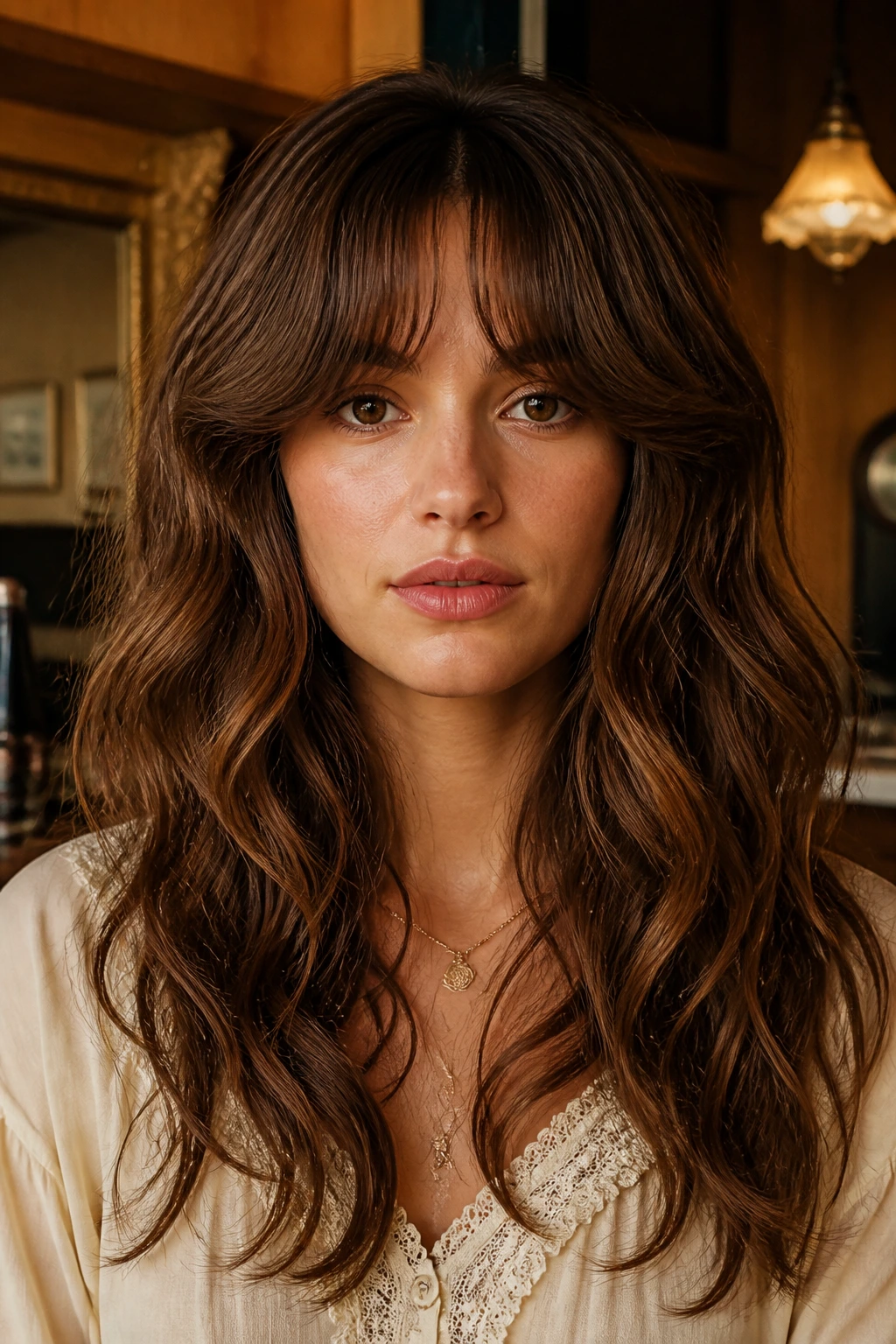 Portrait of a real woman with dense retro curtain bangs and soft waves