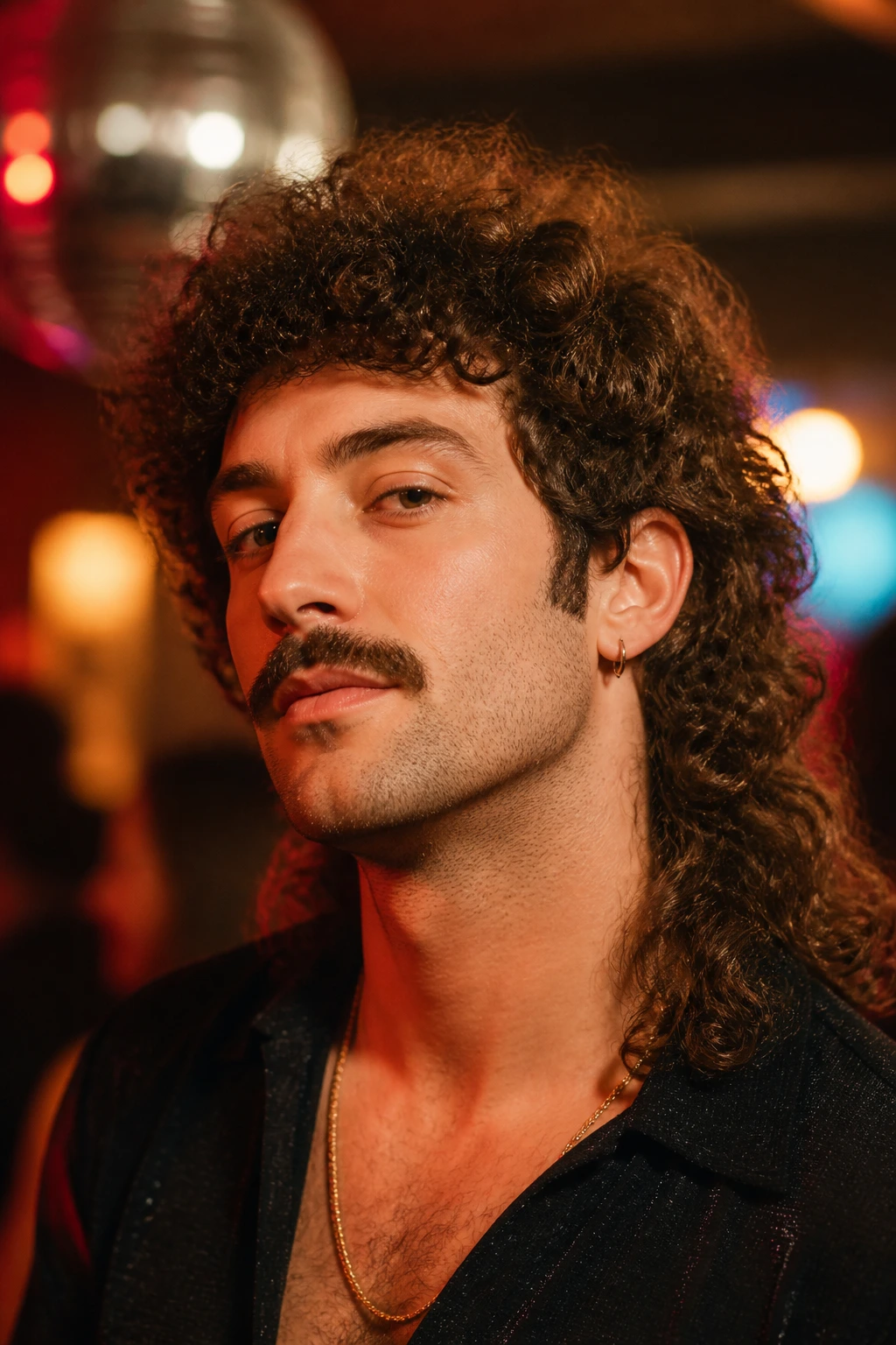 Real person with retro disco mullet under warm club lighting