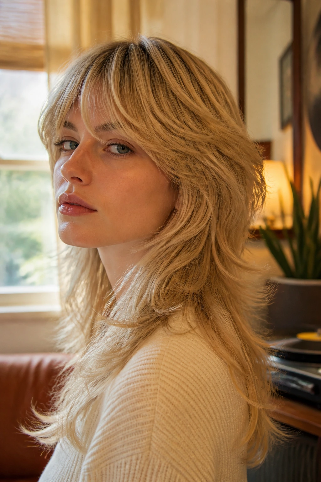 Portrait of a real woman with feathered mullet in a retro-inspired room