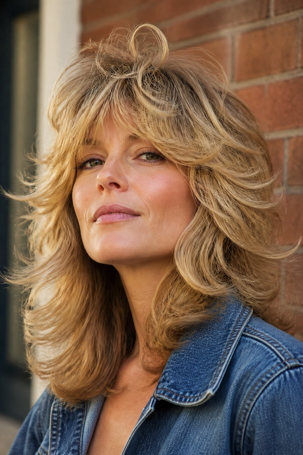 Close-up portrait of a real woman with retro feather shag showing outward flicks and crown lift