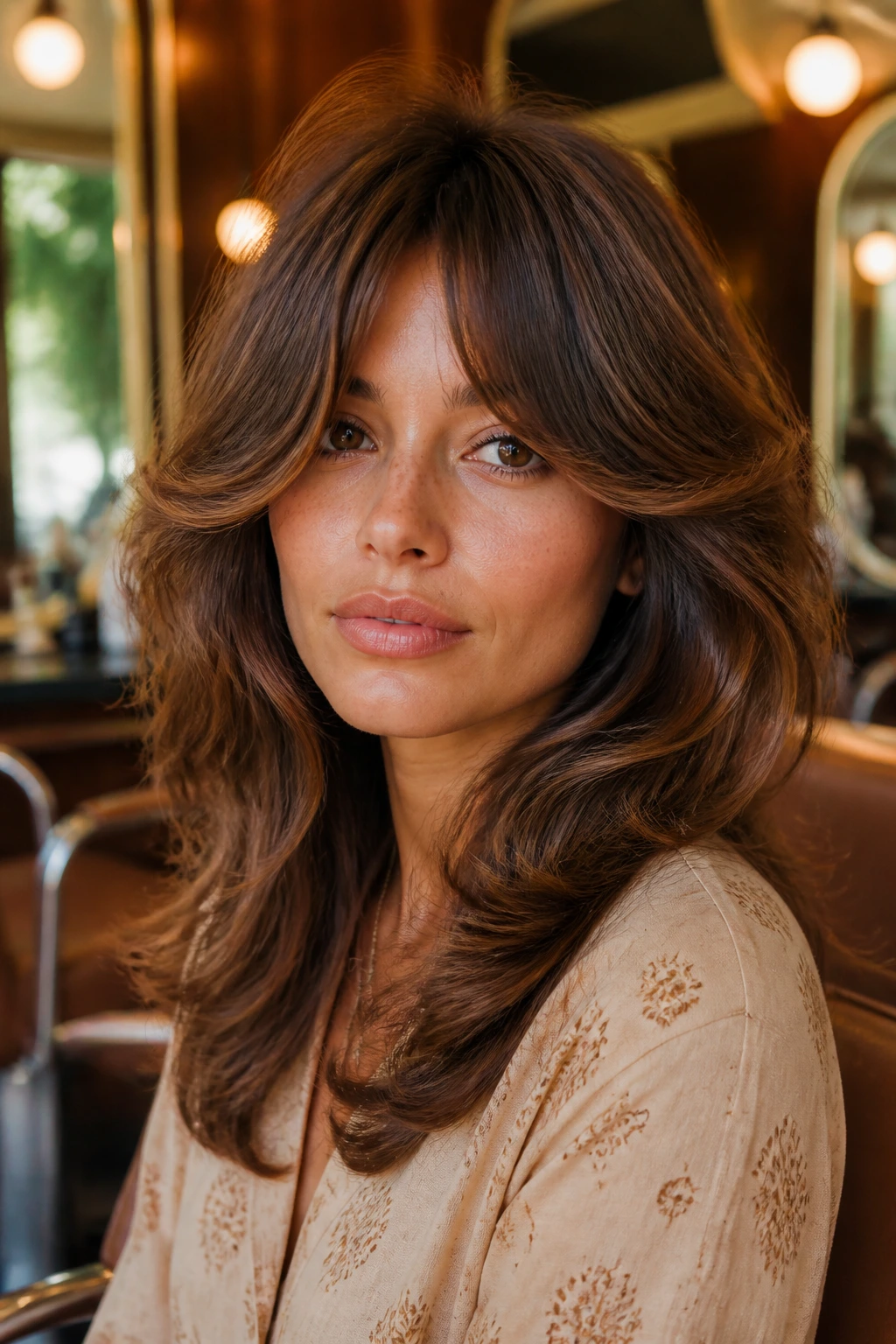 Close-up of a real woman with retro feathered curtain bangs in a vintage salon
