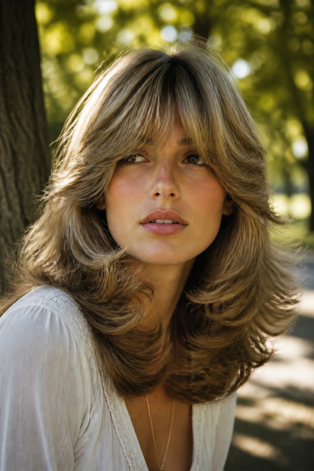 Portrait of a real woman with a retro 1970s feathered flip and long bangs in a sunlit park