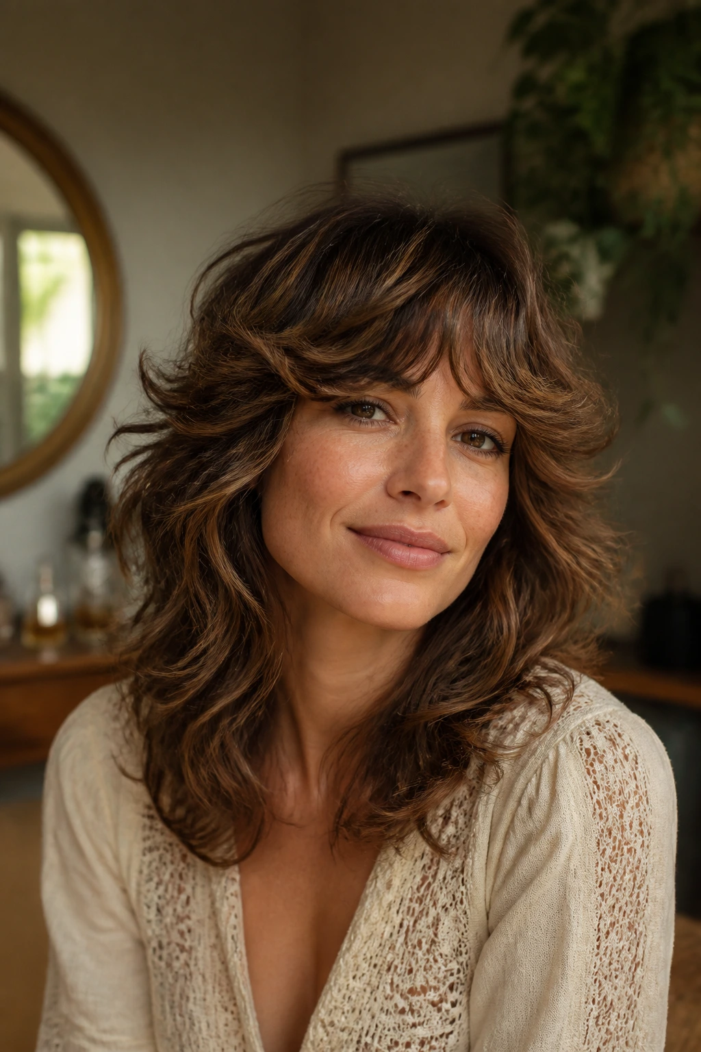 Close-up of a real woman with retro feathered shag and soft movement around the crown