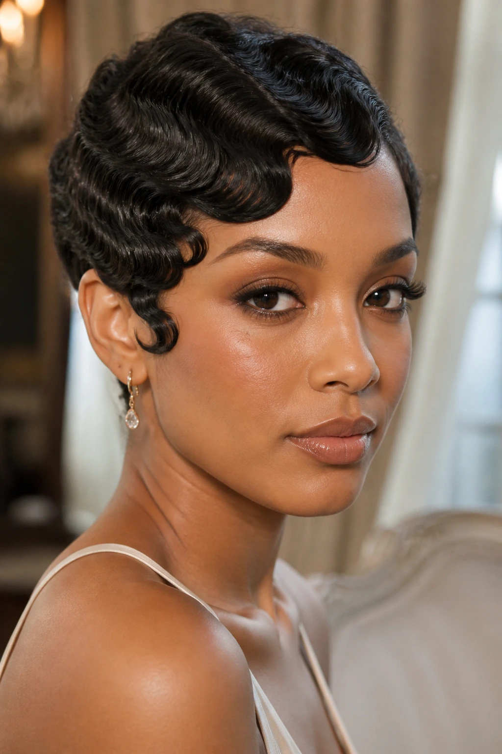 Close-up of real woman with retro finger-wave pixie hairstyle
