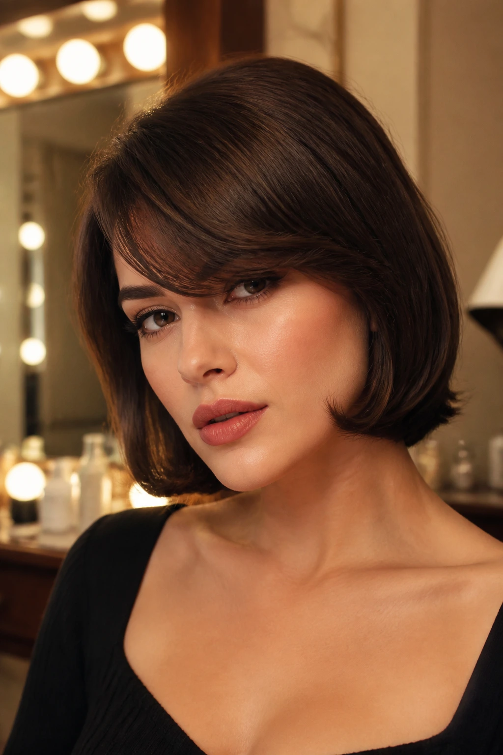 Close-up of real woman with retro flip bob sweep, fringe arcing