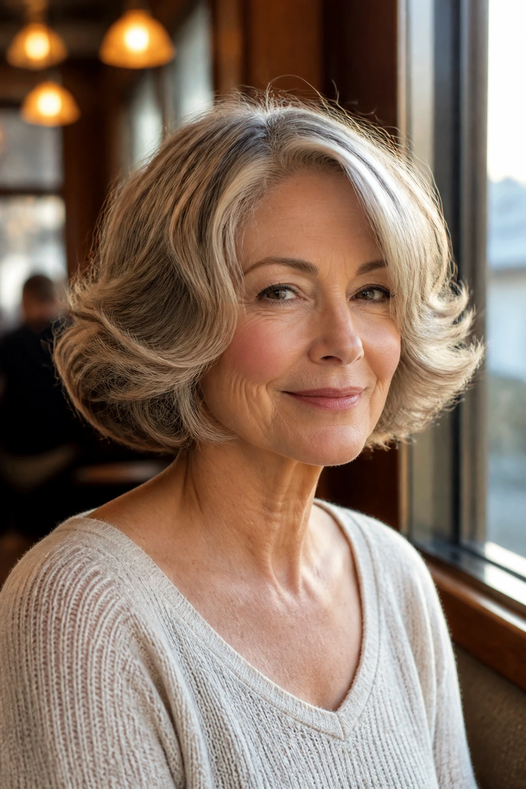 Portrait of a real woman with retro flip bob showing outward flipped ends.