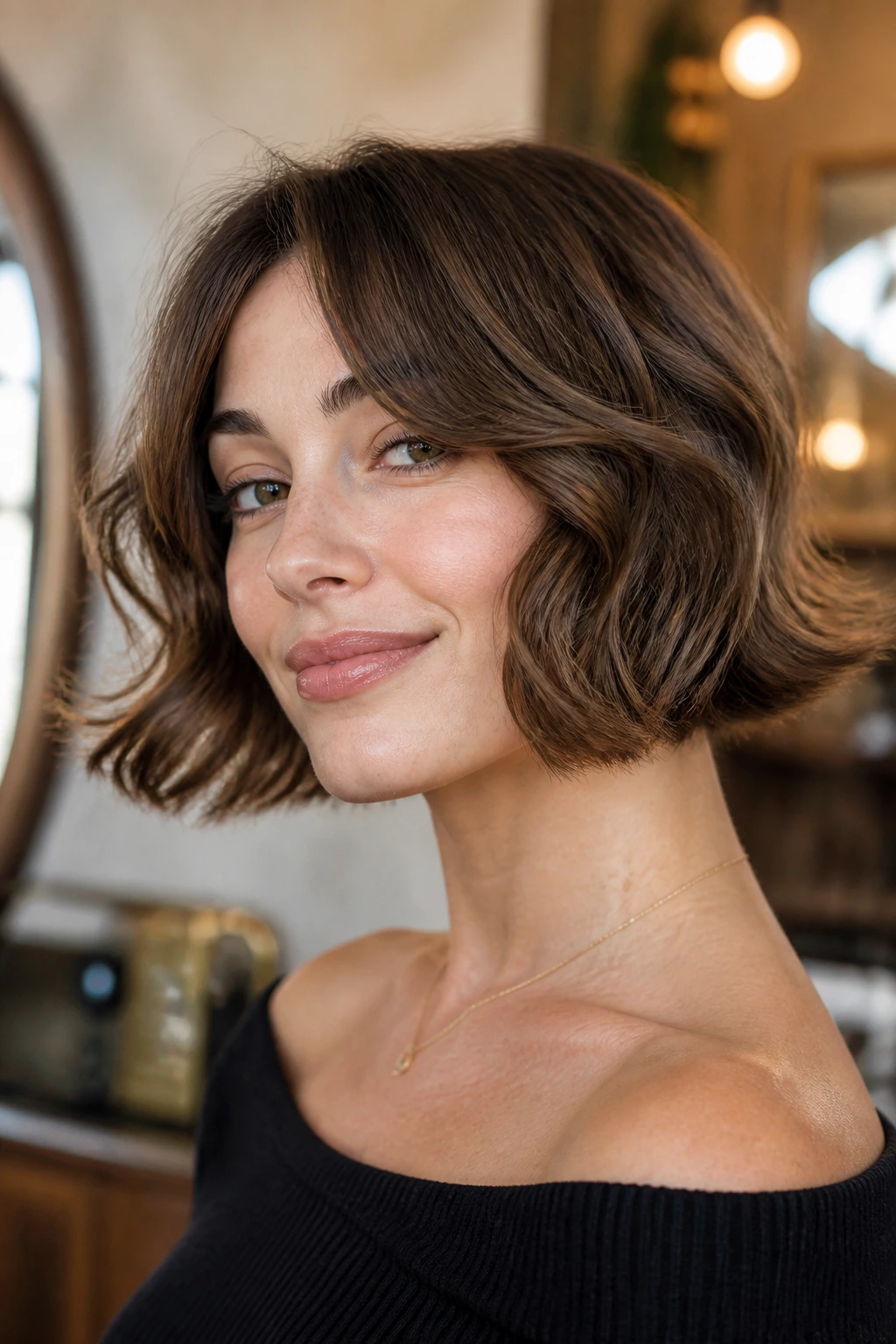 Close-up portrait of a real woman with a retro flip bob featuring outward flipped ends.