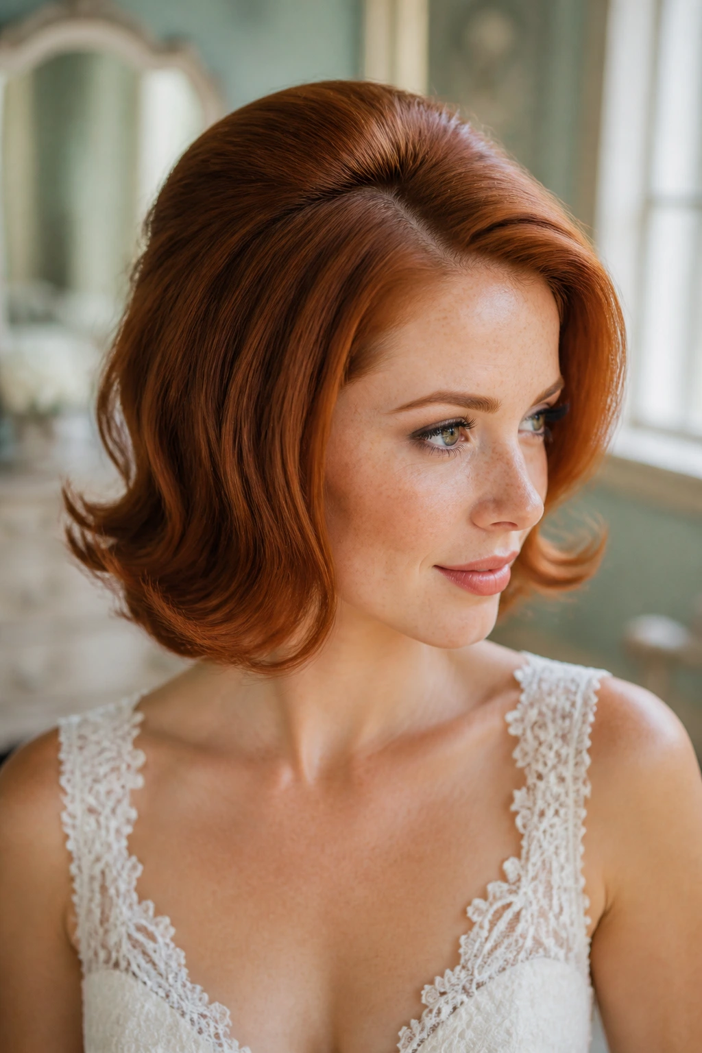 Close-up of a real bride with retro flip and crown lift hairstyle