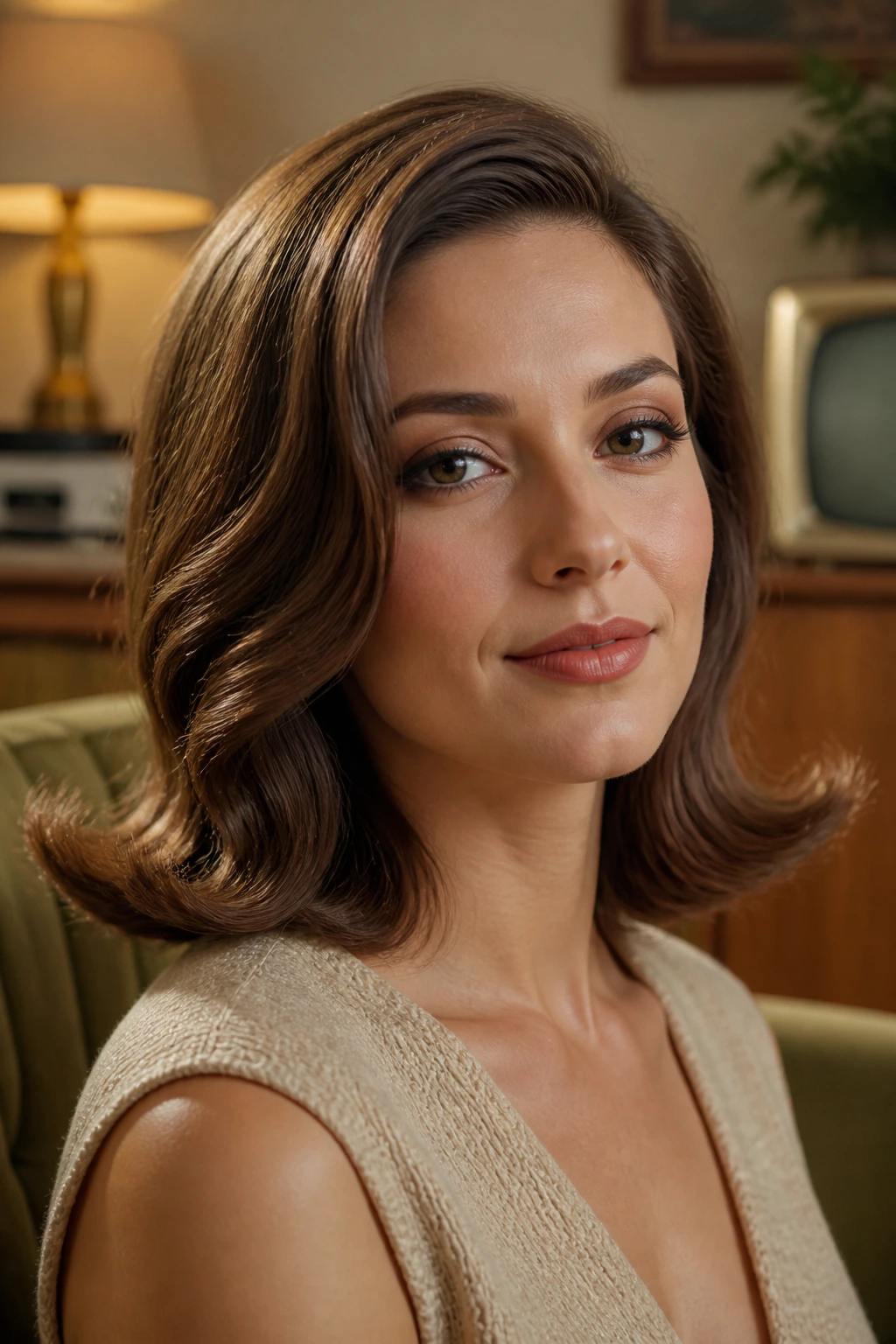 Portrait of a real woman showing retro flip-end waves with outward flipped ends and smooth crown