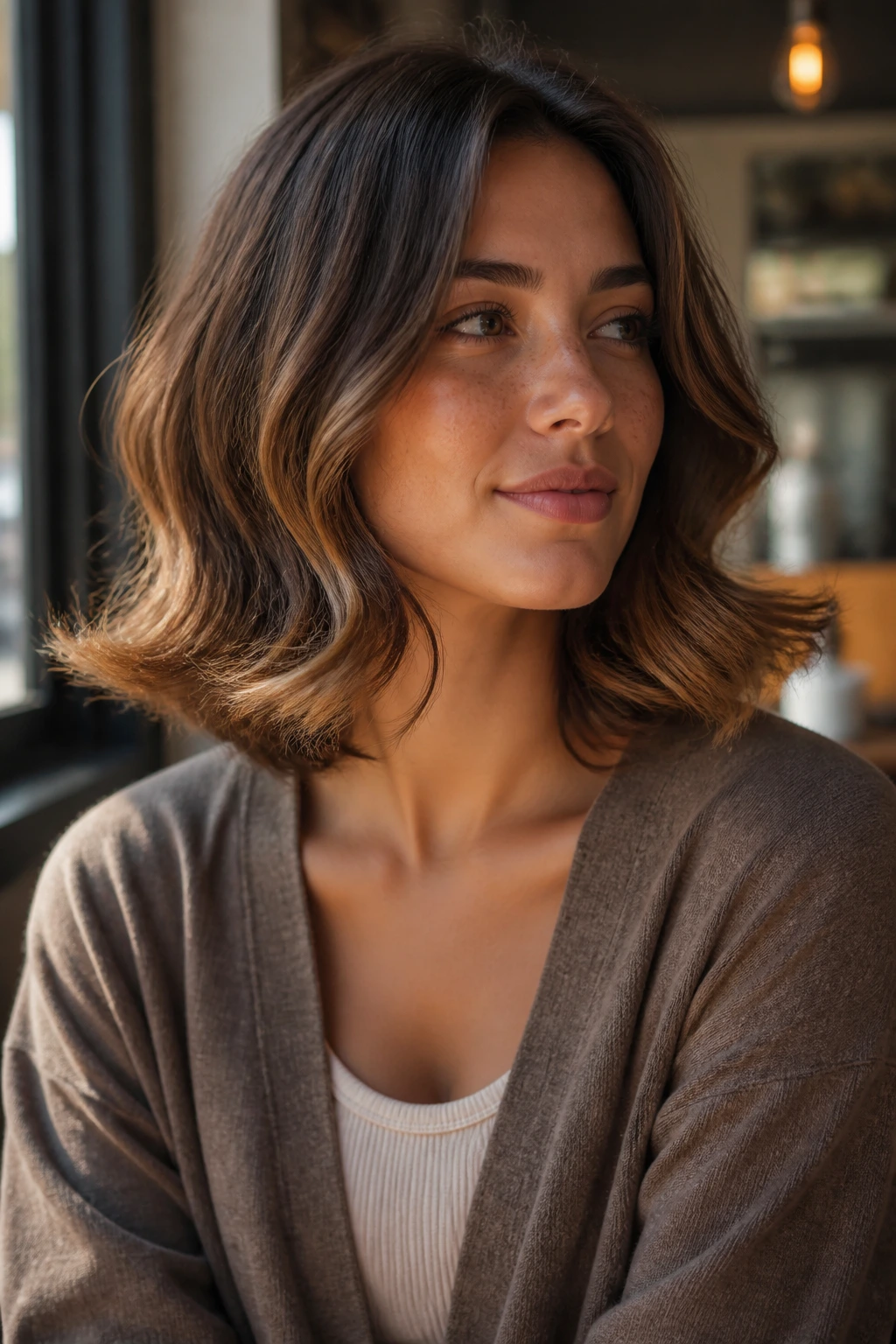 Portrait of a real woman with retro flipped-out ends on shoulder-length waves in a cafe setting