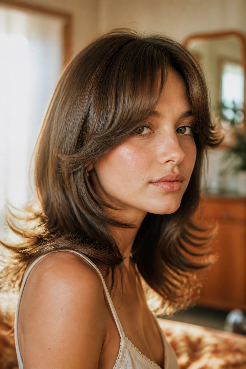 Real woman with retro flippy soft bottleneck bangs in vintage-inspired lighting