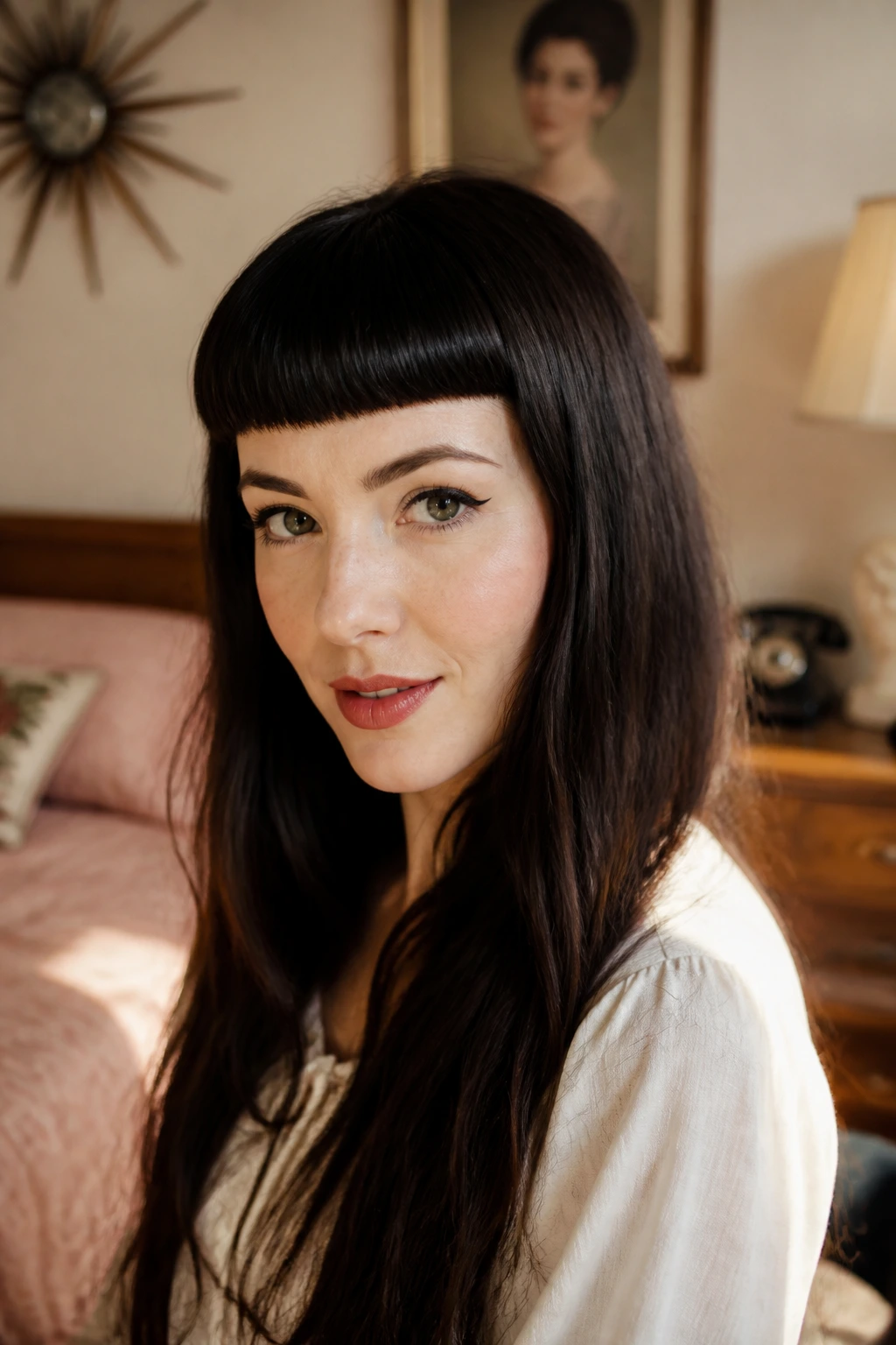 Close-up of a woman with retro baby fringe and long hair in a vintage room