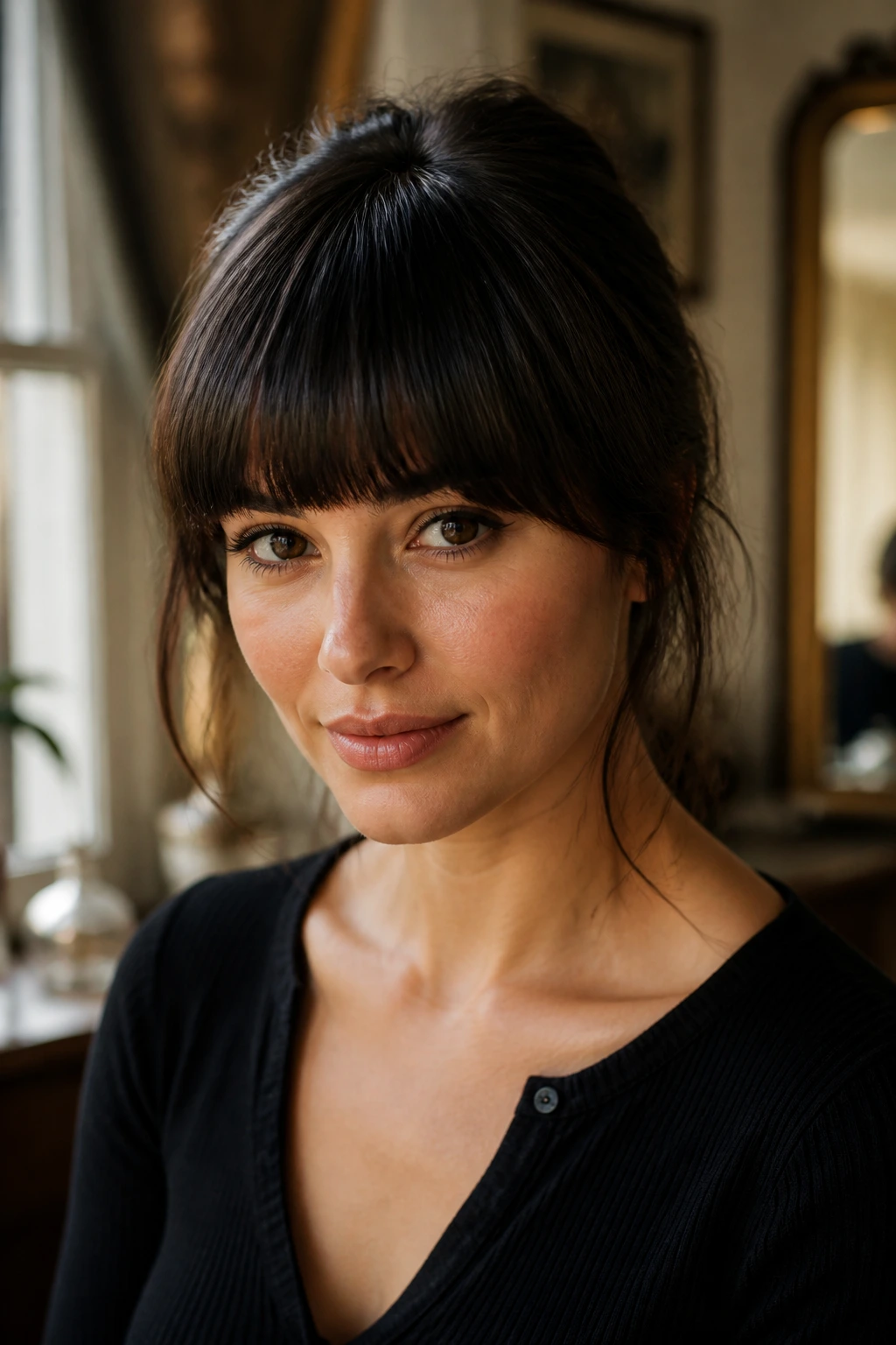 Close-up portrait of a real woman wearing retro fringe with a curved edge