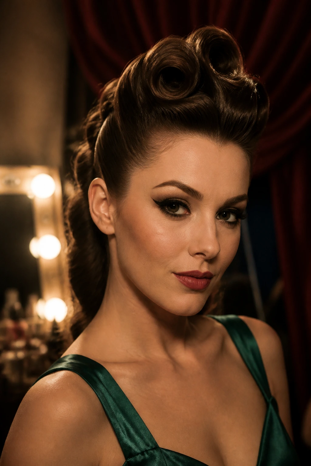 Close-up of a real woman with a Retro Victory Roll Faux Hawk, satin dress, and dramatic eyeliner.