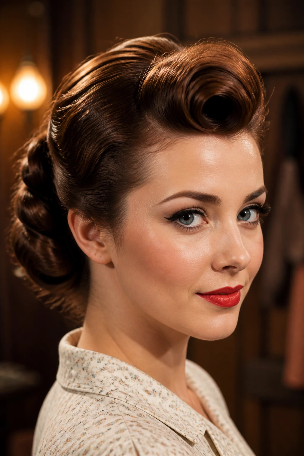 Close-up of retro knot with victory roll fringe on a real person