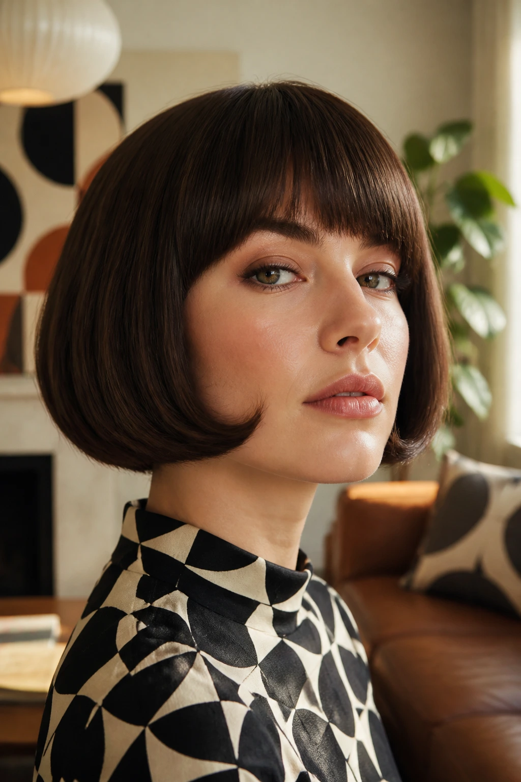 Close-up portrait of a real person with retro mod pageboy hairstyle