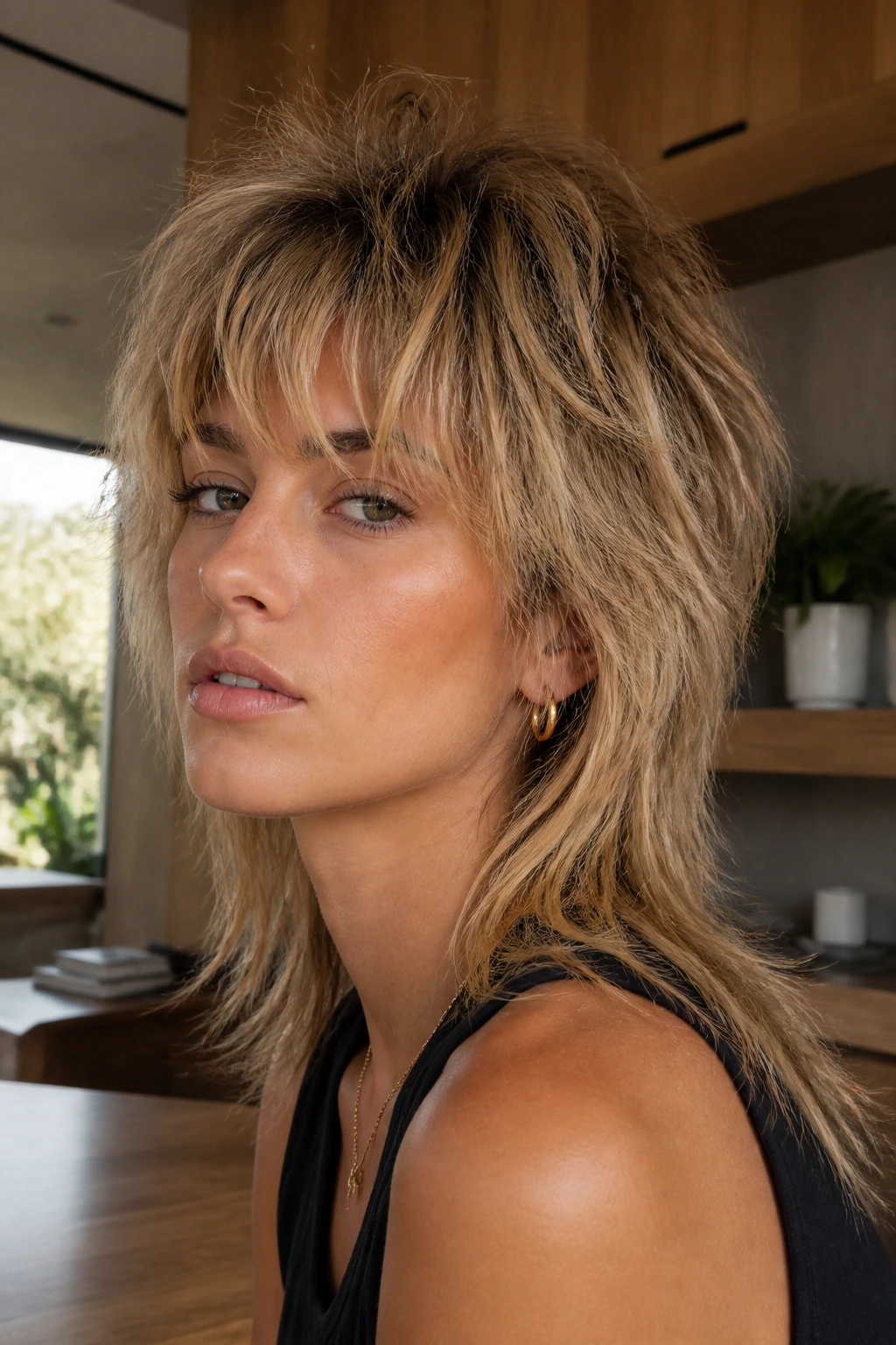Close-up of a real person with a modernized 80s-inspired mullet, crown lift and tail, in a bright home interior.