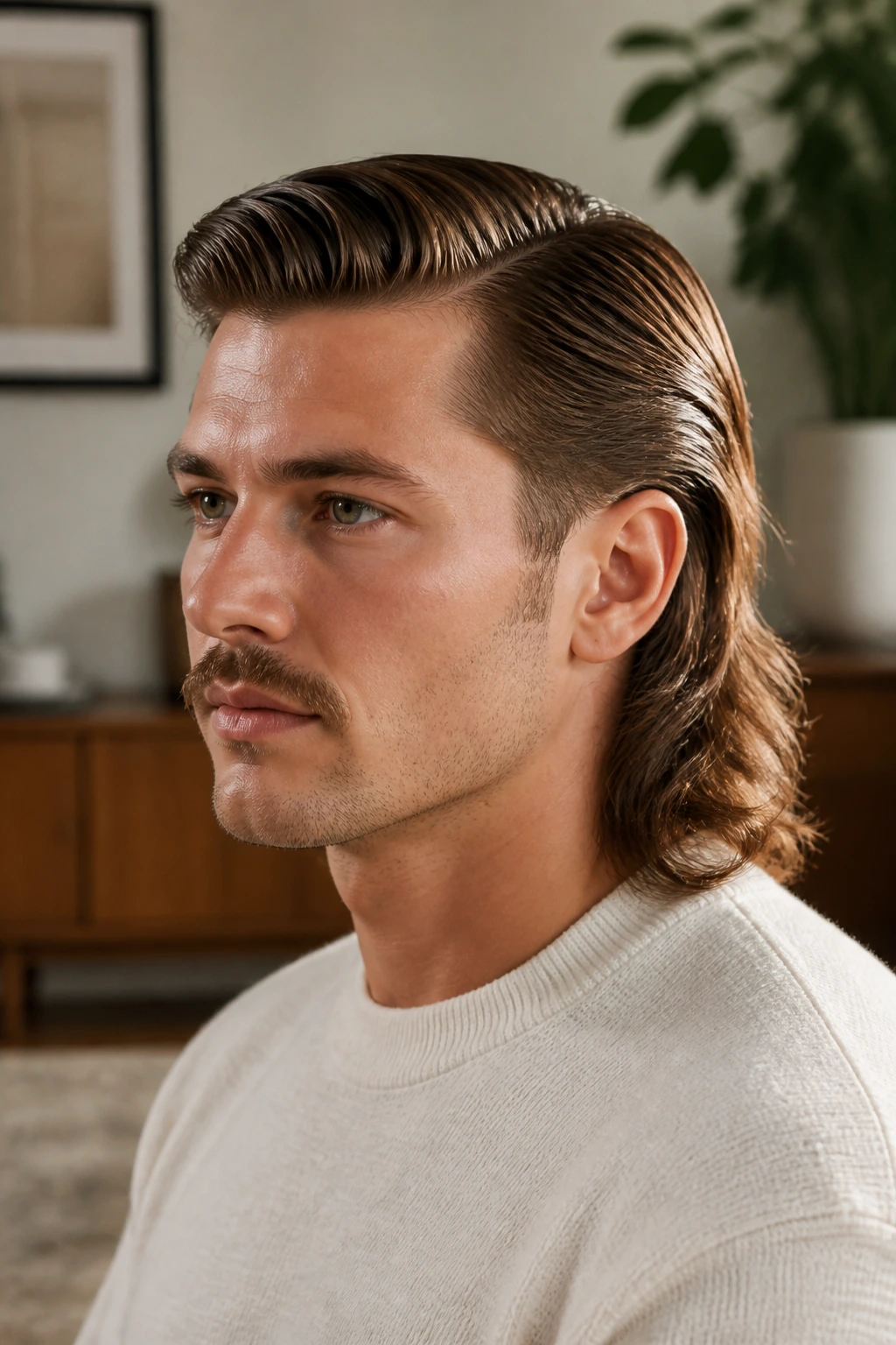 Close-up of a man with retro mullet and clean crown, sides tapered.