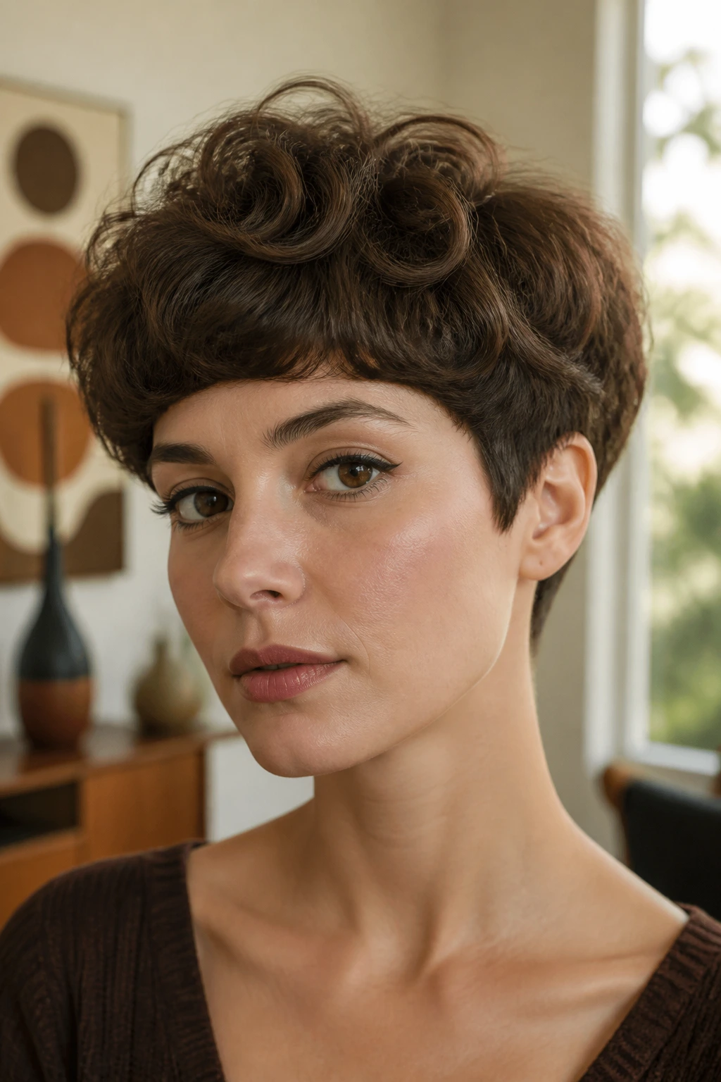 Close-up of a real woman wearing a Retro Mushroom Pixie with rounded crown.