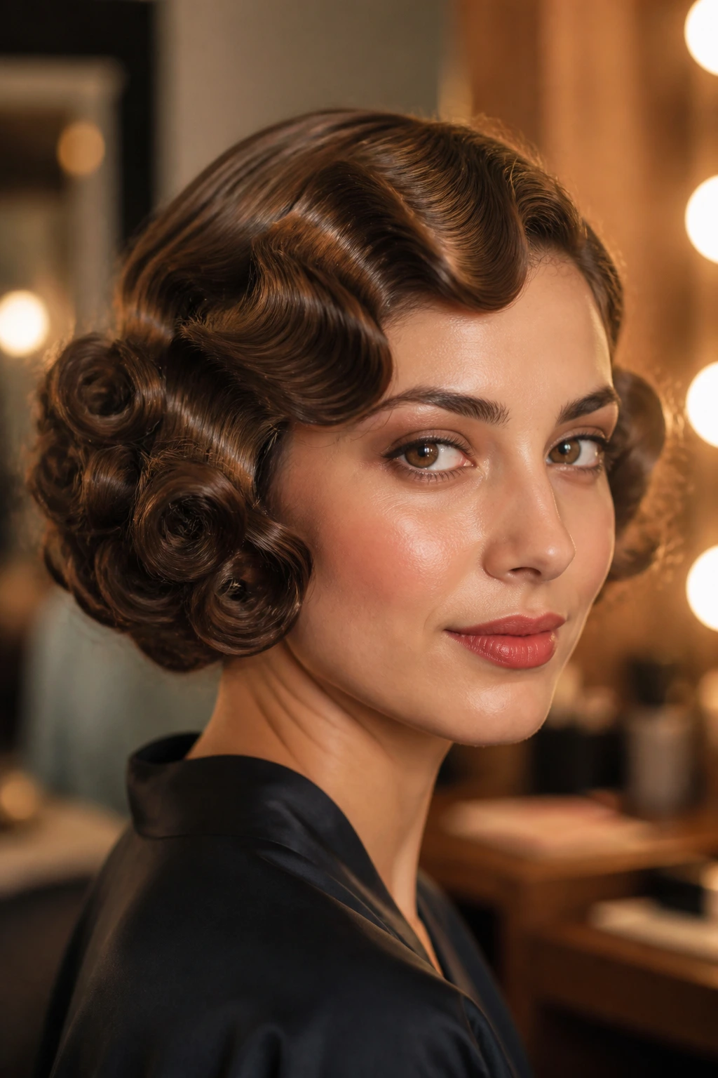 Close-up of a real woman with a retro pin-curled bob in vintage style