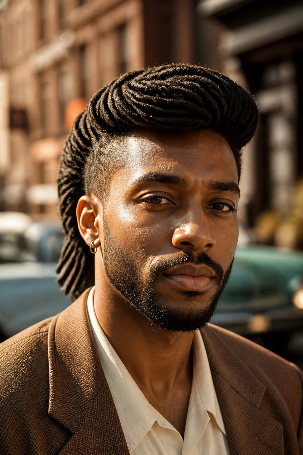Close-up of a man with retro pompadour-like locs at the front