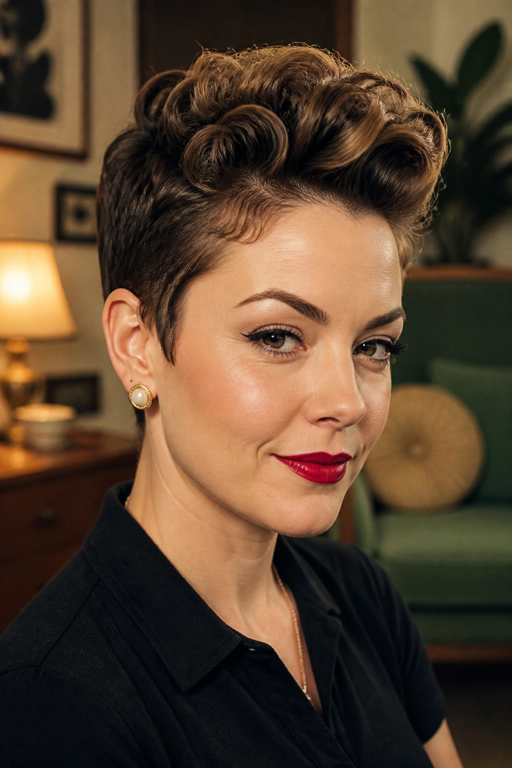 Portrait of a woman with a retro pompadour pixie hairstyle