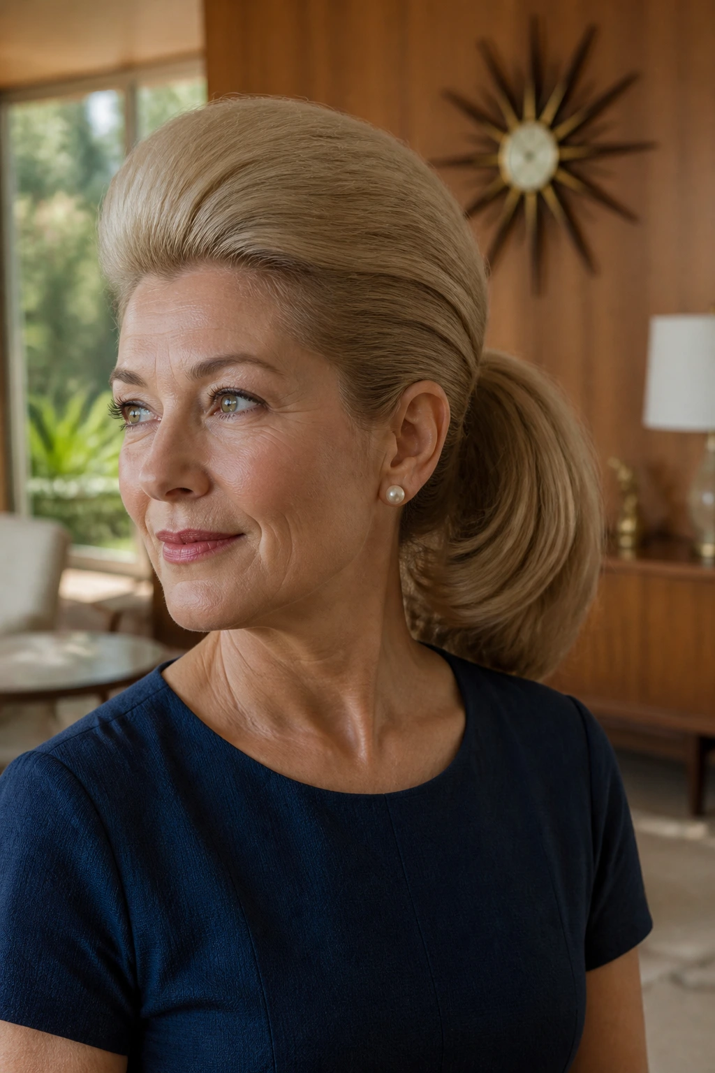 Close-up portrait of a real woman with a crown-height ponytail and curled ends
