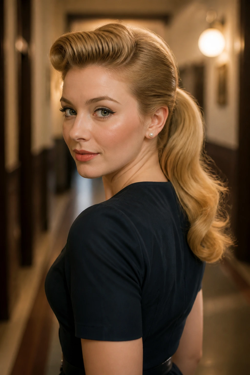 Real woman with low ponytail and rolled front, vintage hallway background