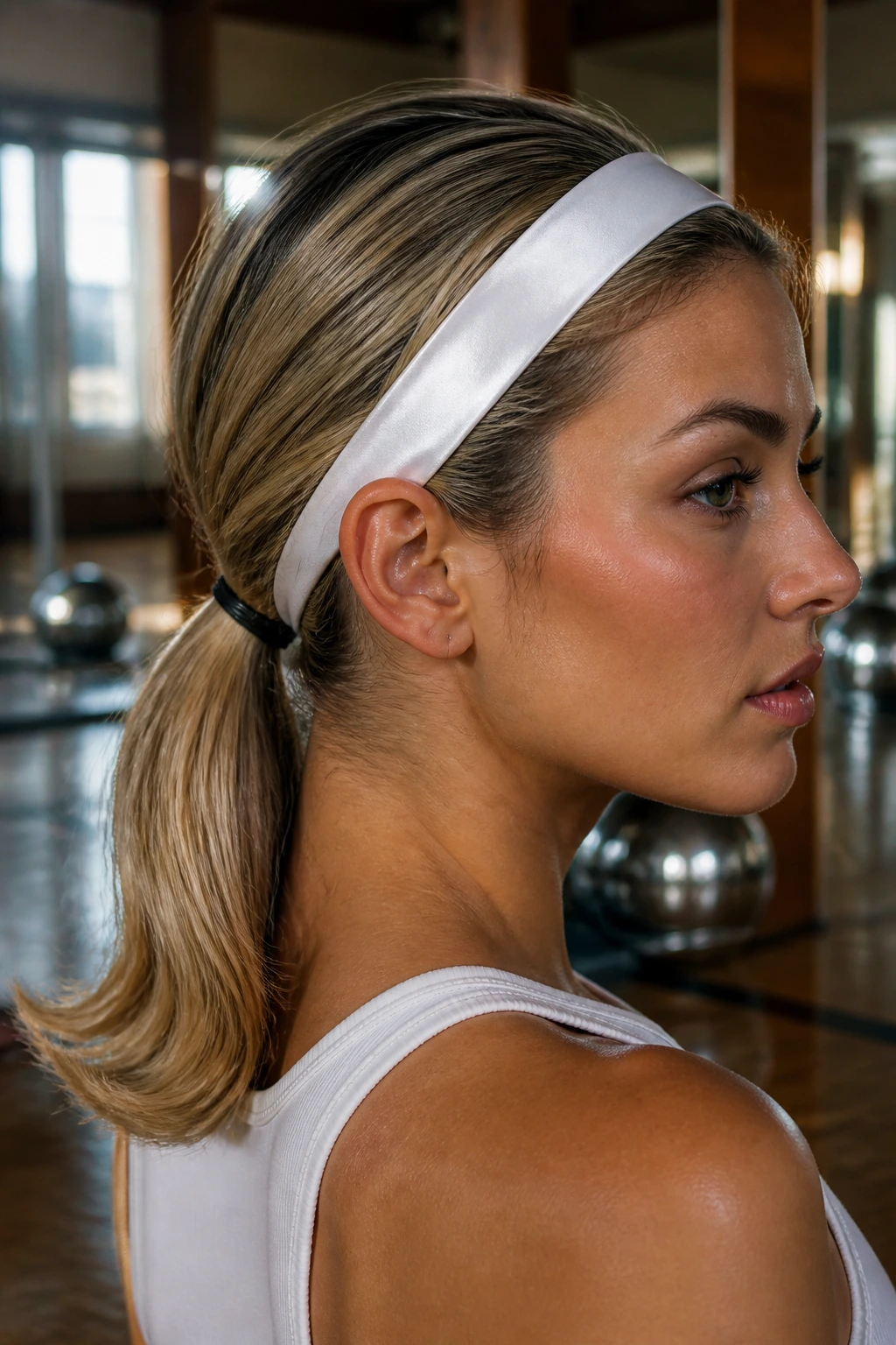 Close-up of a woman wearing a satin sweatband with a retro sport ponytail in a vintage gym setting.
