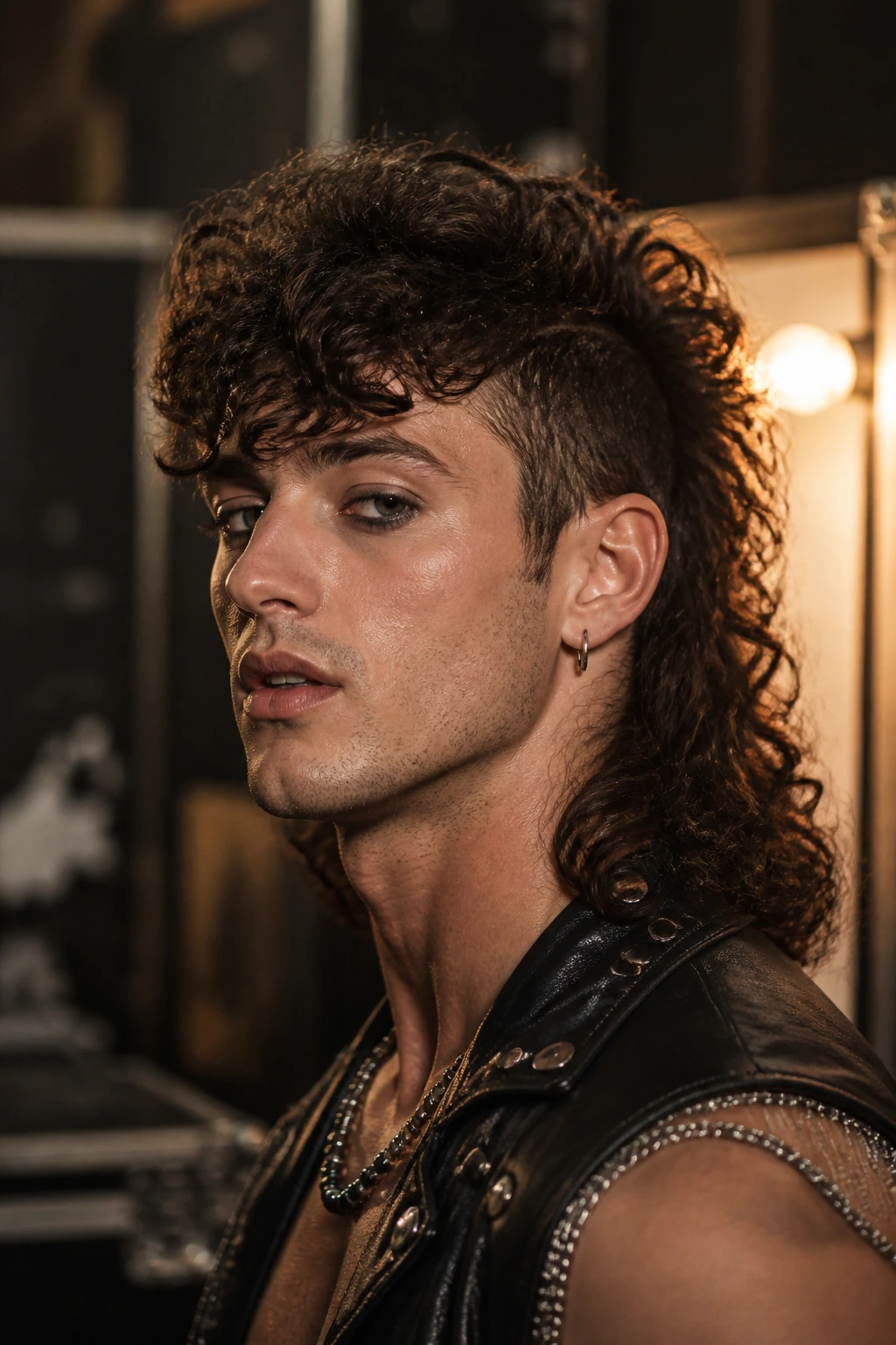 Real person with retro rocker curly mullet under stage lighting