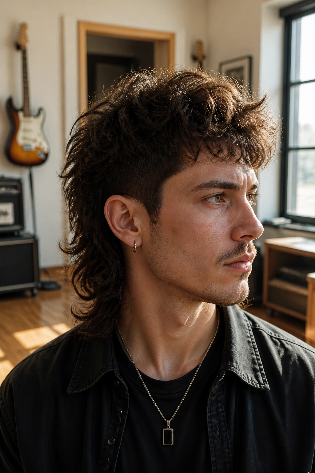 Real person with a retro rocker mullet in a sunlit music room