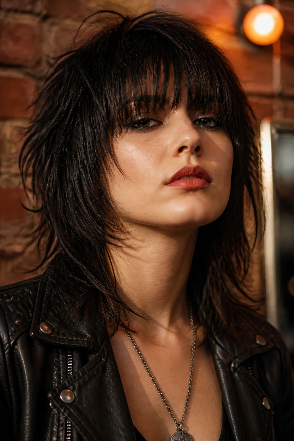 Close-up of a real person with retro rocker shag and heavy fringe against brick wall backdrop